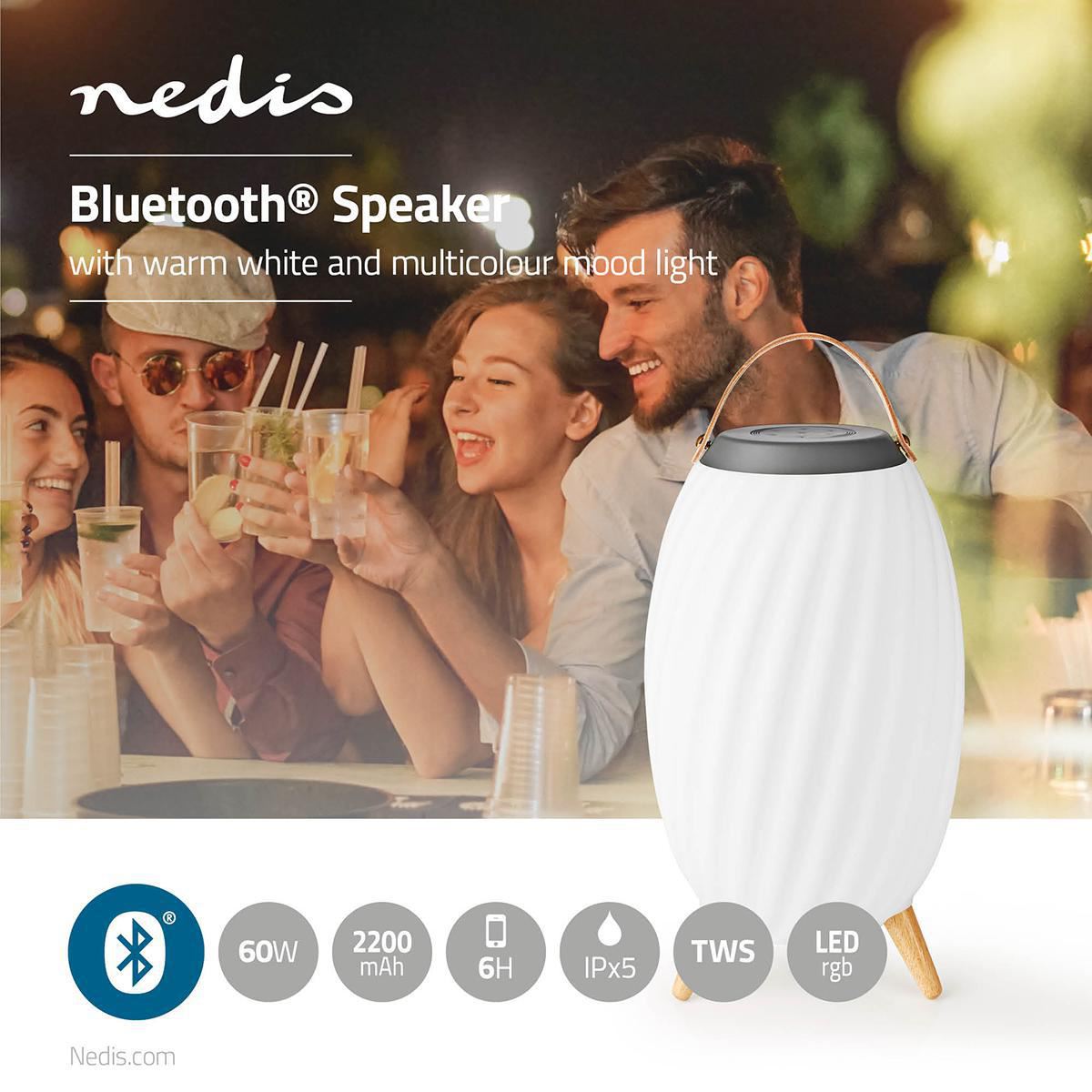 Nedis Bluetooth® Speaker with Mood Light | 6 hrs | Ambiance Design | 60 W | Mono | RGB / Warm White | IPX5 | Linkable | Grey / White