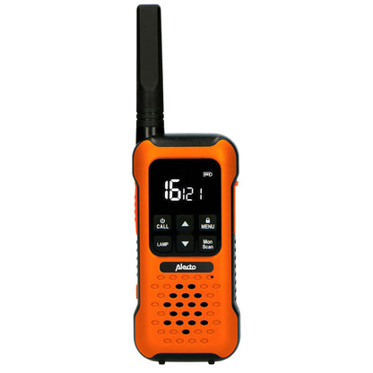 Alecto FR300OE | Walkie-Talkie Set | 2 Handsets | Up to 10 km | Frequency channels: 16 | PTT / VOX | 110 h standby| Charging base included | Headphone output | Orange