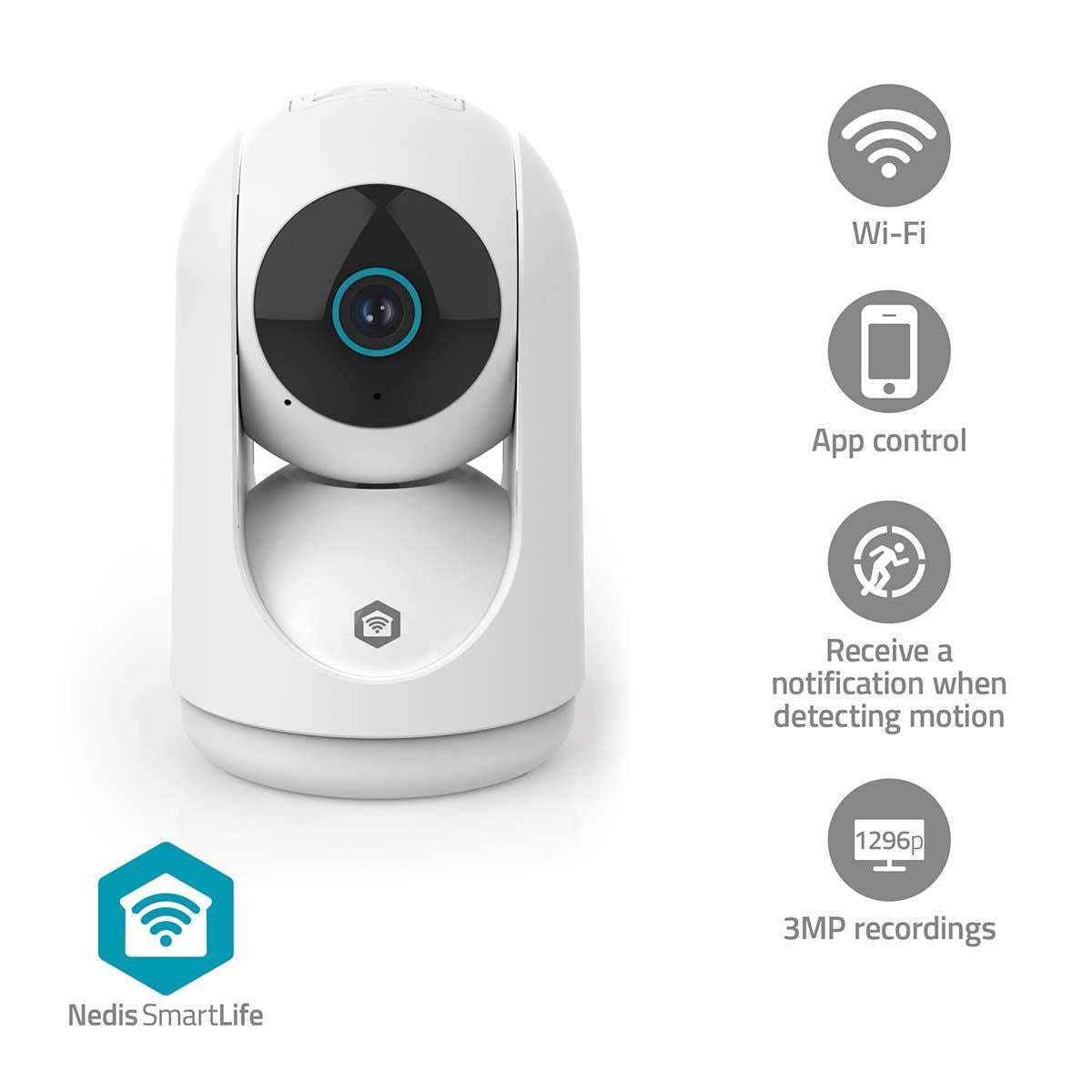 Nedis SmartLife Indoor Camera | Wi-Fi | 3MP Full HD 1296p | Pan tilt | Cloud Storage (optional) / microSD (not included) / Onvif | With motion sensor | Night vision | White
