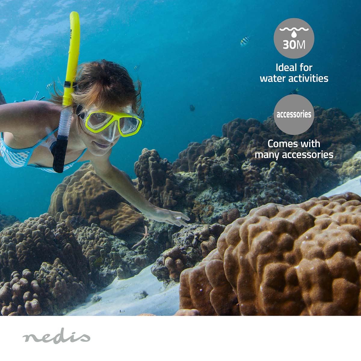 Nedis Action Cam | Dual Screen | 4K@30fps | 16 MPixel | Waterproof up to: 30.0 m | 90 min | Wi-Fi | App available for: Android™ / IOS | Mounts included | Black