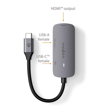 Nedis USB Multi-Port Adapter | USB 3.2 Gen 1 | USB-C™ Male | HDMI™ Output / USB-A Female / USB-C™ Female | 5 Gbps | 0.10 m | Round | Nickel Plated | PVC | Grey | Box