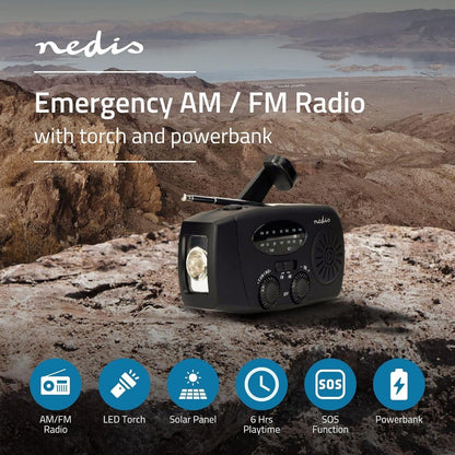 Nedis Emergency Radio | Table Design | AM / FM | Powerbank function | Battery Powered / Hand Crank / USB Powered | Black