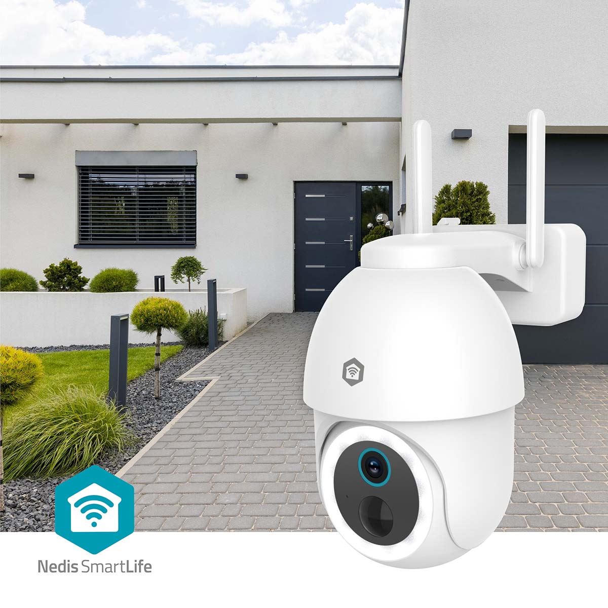 Nedis SmartLife Outdoor Camera | Spotlight | 3MP Full HD 1296p | Pan tilt | IP65 | Max. battery life: 3 Months | Cloud Storage (optional) / microSD (not included) | 5 V DC | With motion sensor | Night vision | White