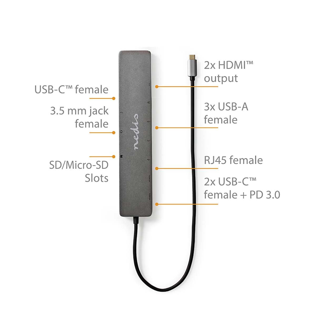 Nedis USB Multi-Port Adapter | USB 3.2 Gen 1 | USB-C™ Male | Micro SD / RJ45 Female / SD / 2x HDMI™ / 2x USB-C™ / 3x USB-A Female | 0.40 m | Round | Gold Plated | TPE | Anthracite | Box