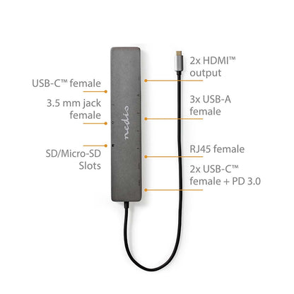 Nedis USB Multi-Port Adapter | USB 3.2 Gen 1 | USB-C™ Male | Micro SD / RJ45 Female / SD / 2x HDMI™ / 2x USB-C™ / 3x USB-A Female | 0.40 m | Round | Gold Plated | TPE | Anthracite | Box