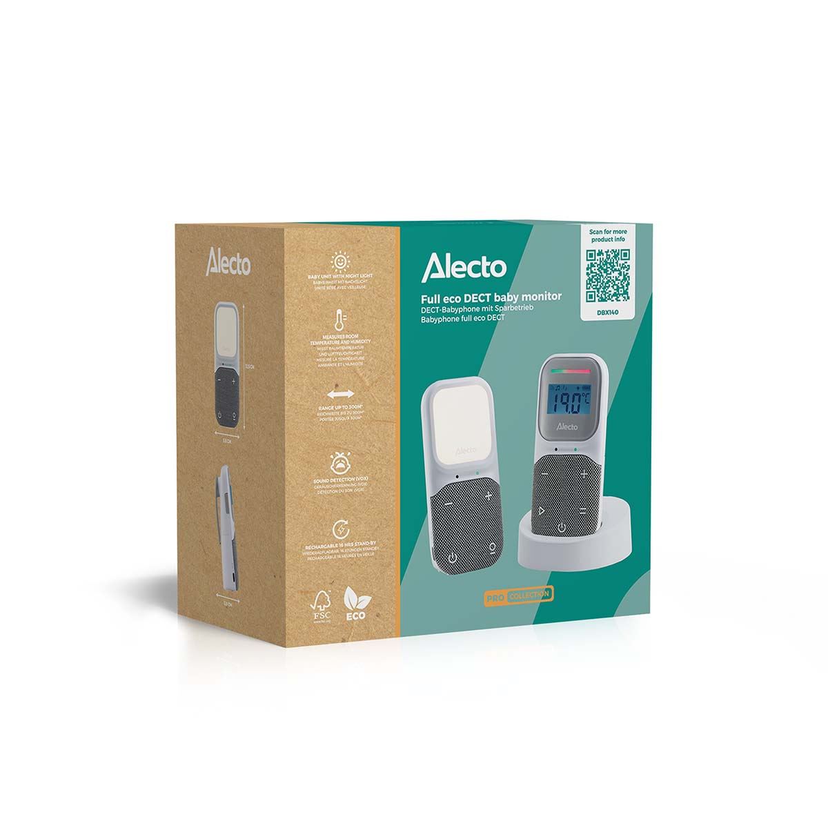 Alecto DBX140 | Modern Full Eco Audio baby monitor with crystal-clear DECT sound quality, display and night light White / Grey