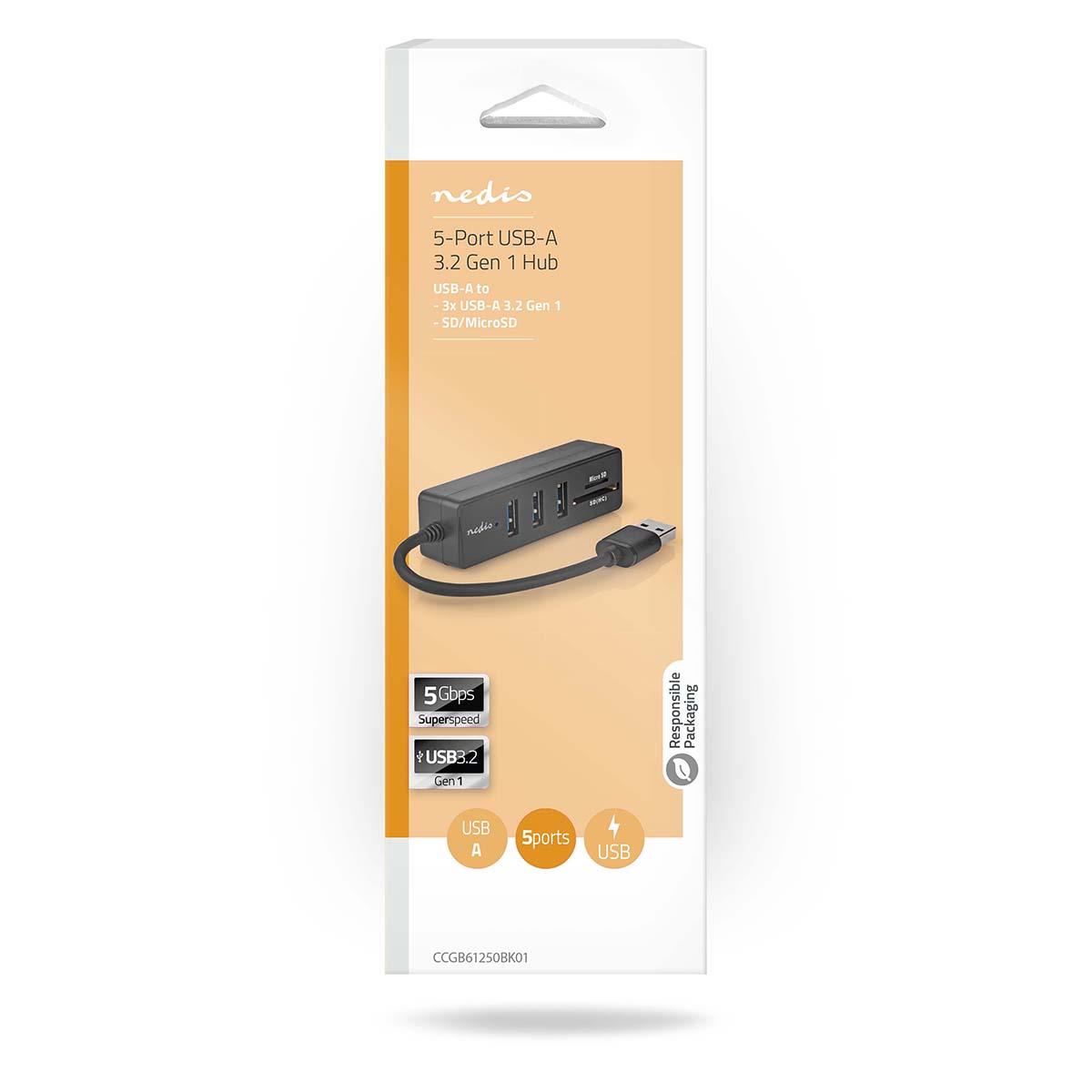 Nedis USB Hub | USB-A Male | 3x USB A Female | 5 port(s) | USB 3.2 Gen 1 | USB Powered | 5 Gbps | SD & MicroSD