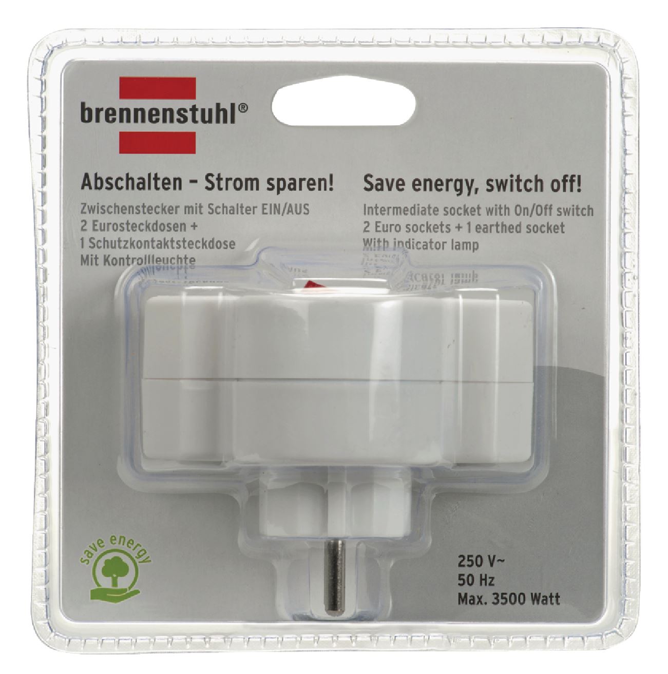 Brennenstuhl Power Socket Splitter Switched | Type F (CEE 7/7) | 250 V AC 50 Hz | 1x Type F (CEE 7/7) | 2x Type C (CEE 7/16) | 250 V AC 50/60 Hz | White