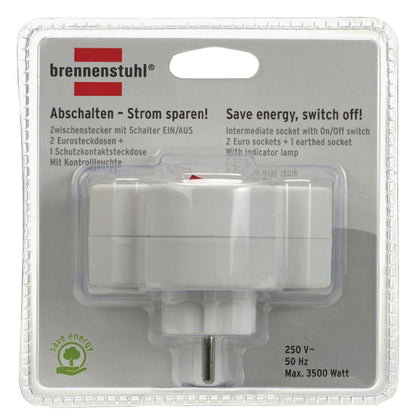 Brennenstuhl Power Socket Splitter Switched | Type F (CEE 7/7) | 250 V AC 50 Hz | 1x Type F (CEE 7/7) | 2x Type C (CEE 7/16) | 250 V AC 50/60 Hz | White