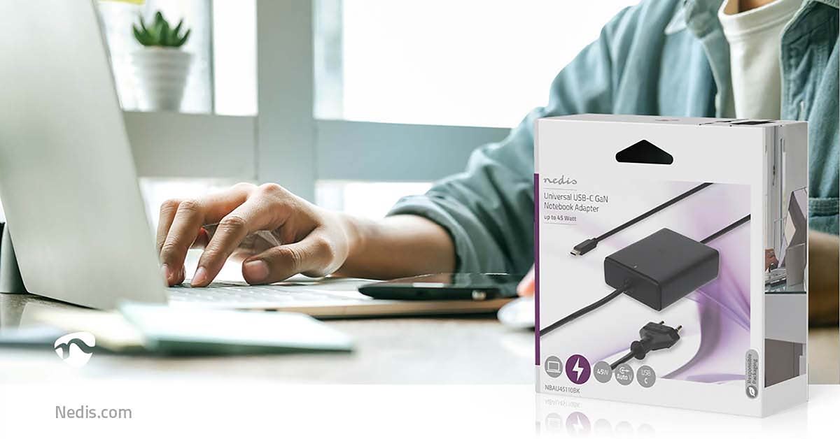 Nedis Notebook Adapter | GaN | 45 W | 5 / 9 / 12 / 15 / 20 V DC | 2.25 / 2.33 / 2.92 / 3.0 A | Used for: Notebook / Smartphone / Tablet | Euro / Type-C (CEE 7/16)