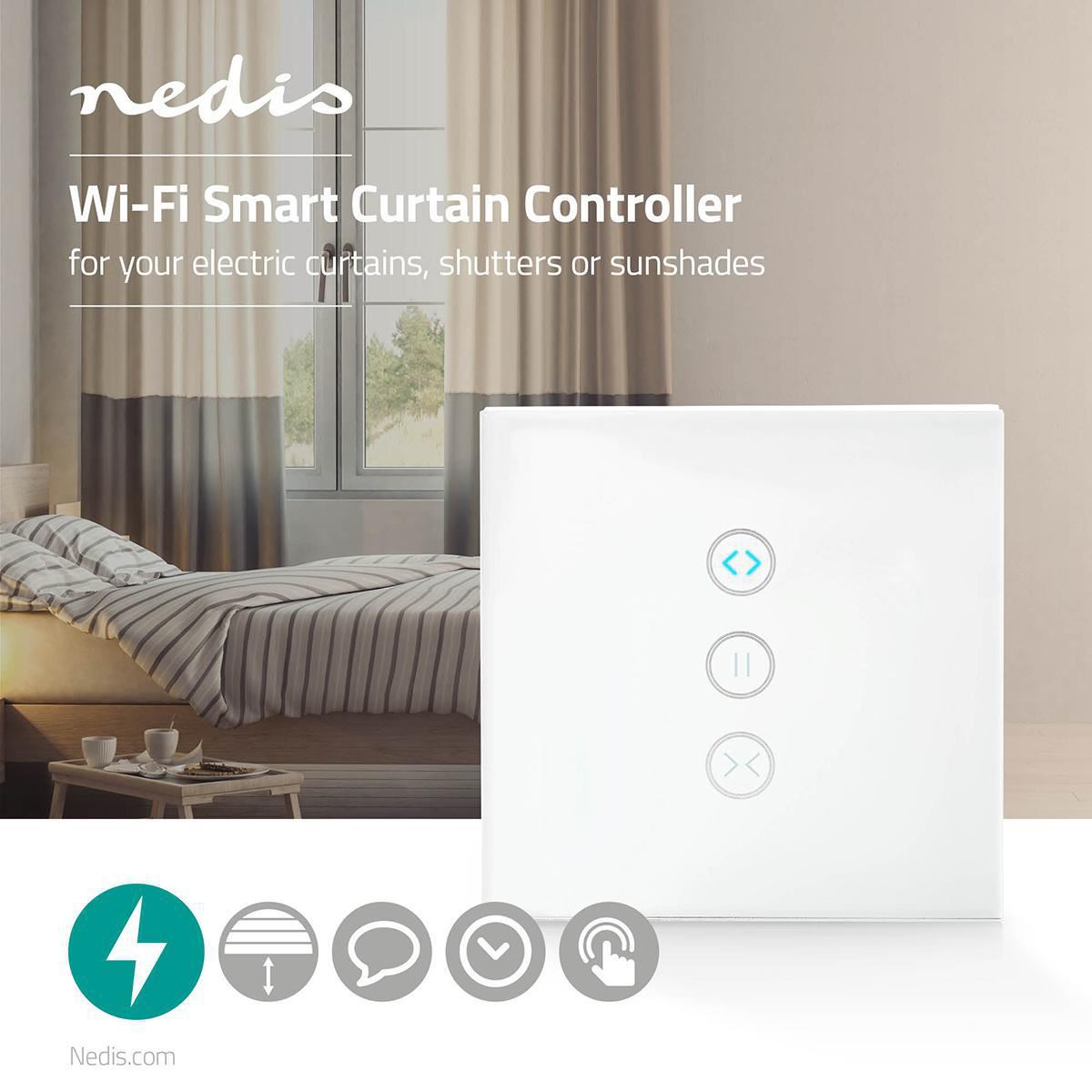 Nedis SmartLife Wall Switch | Wi-Fi | Curtain / Shutter / Sunshade | Wall Mount | 300 W | Android™ / IOS | Glass | White