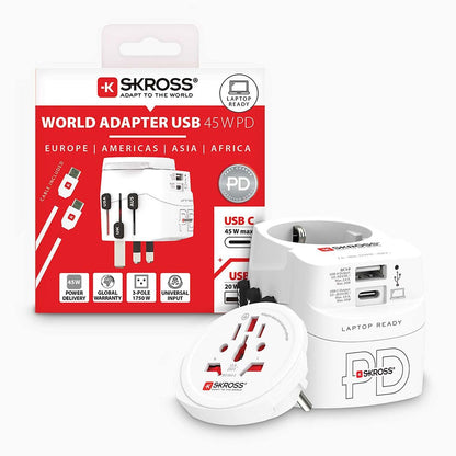 Skross SKR1302474 | Travel adapter 3-pole earthed with integrated fast charging 45 watt PD USB charger (1 x USB C & 1 x USB)