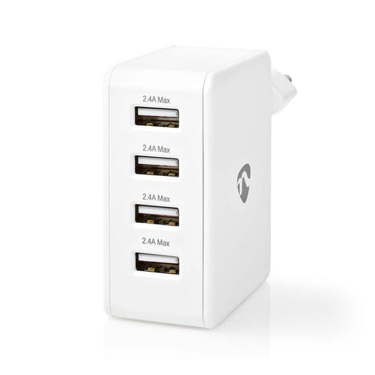 Nedis Wall Charger | 24 W | Quick charge feature | 4x 2.4 A | Number of outputs: 4 | 4x USB-A | No Cable Included | Single Voltage Output | White