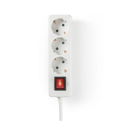 Nedis Extension Socket | Type F (CEE 7/7) | 3-Way | 1.50 m | 3680 W | 16 A | Kind of grounding: Side Contacts | 230 V AC 50/60 Hz | Socket angle: 45 ° | H05VV-F 3G1.5mm² | On/Off switch | White