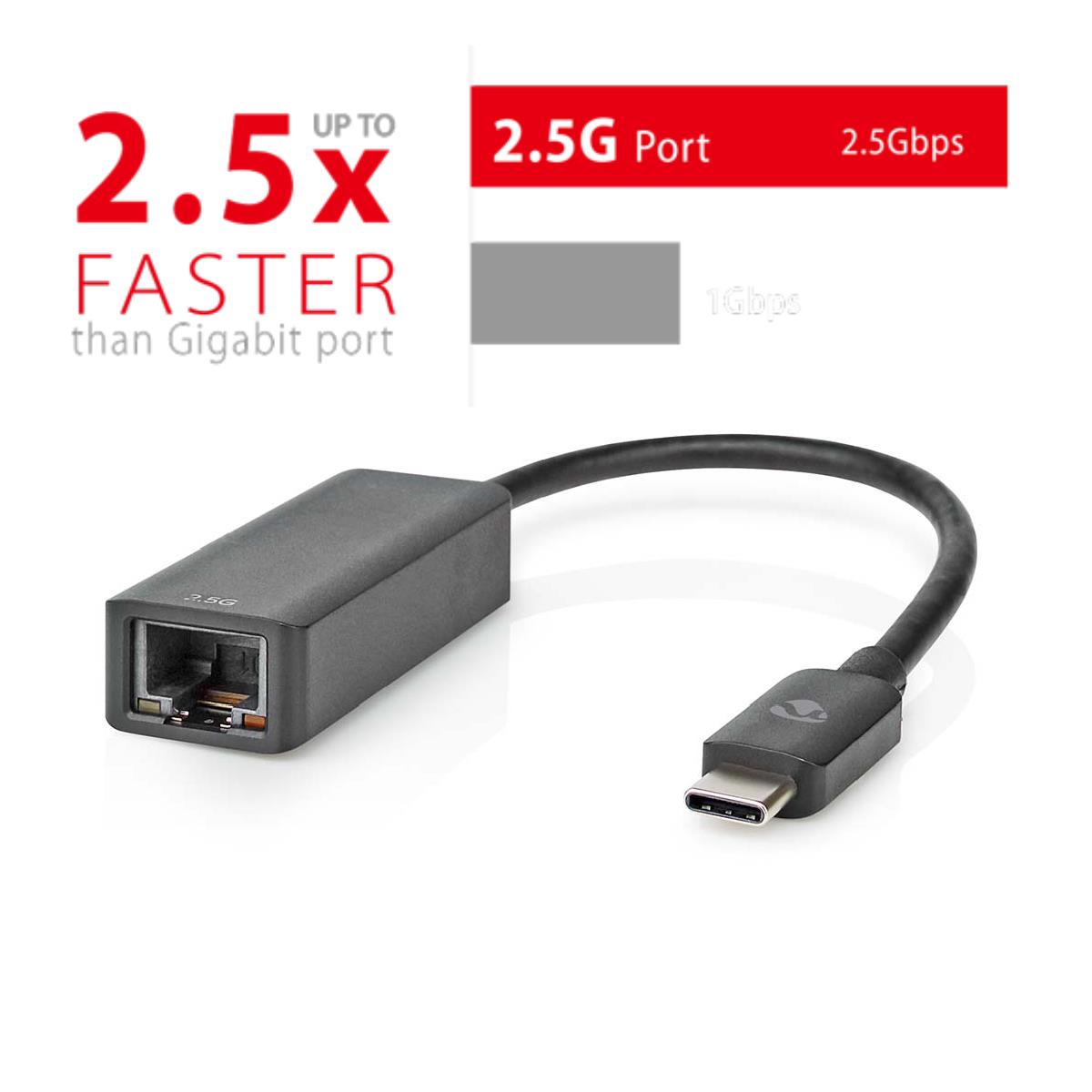 Nedis USB Network Adapter | USB 3.2 Gen 1 | 2.5 Gbps | USB-C™ Male | RJ45 Female | 0.20 m | Round | Nickel Plated | Tinned Copper | Black | Box