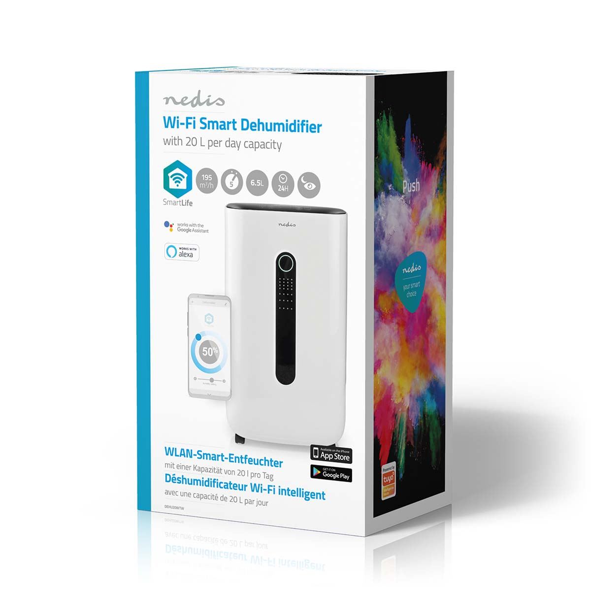 Nedis SmartLife Dehumidifier | Wi-Fi | 20 l/Day | Dehumidification / Continuous / Max+ / Dry laundry / Ventilation | Android™ / IOS | Adjustable hygrostat | 195 m³/h
