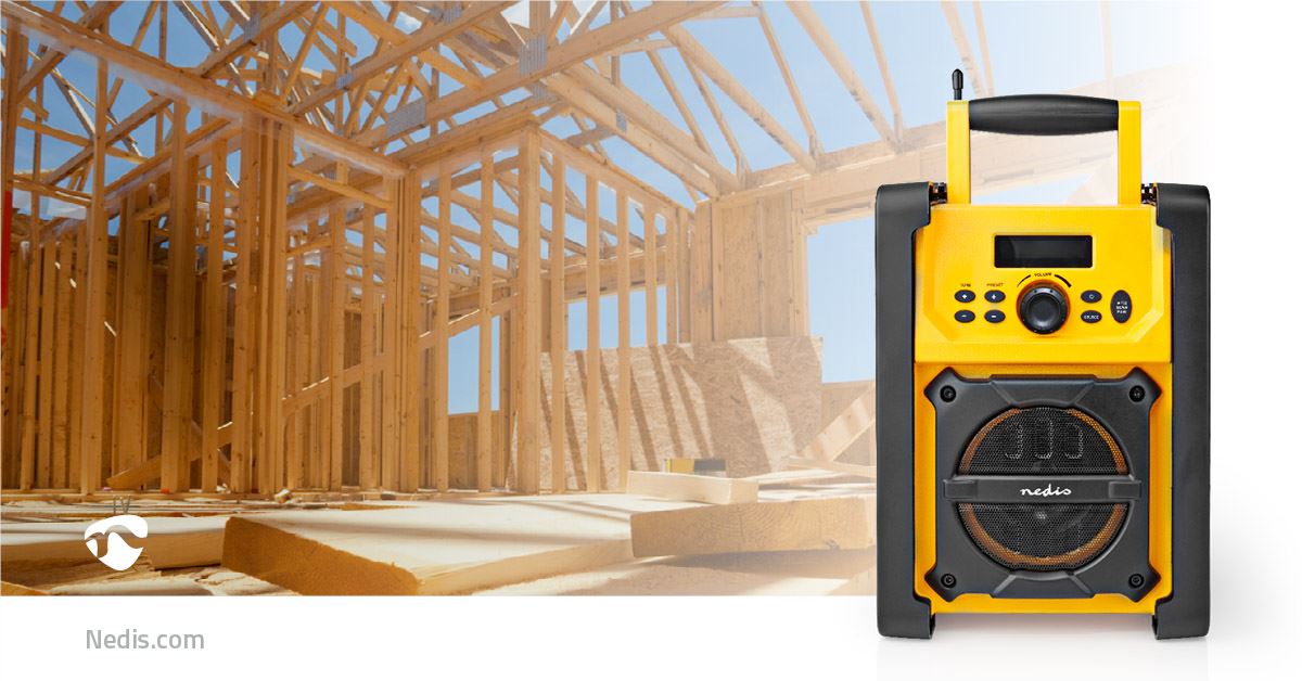 Nedis FM Radio | Jobsite Radio | FM | Battery Powered / Mains Powered | Digital | 15 W | Screen size: 2.2 " | Blue White Screen | IPX5 | Carrying handle | Black / Yellow
