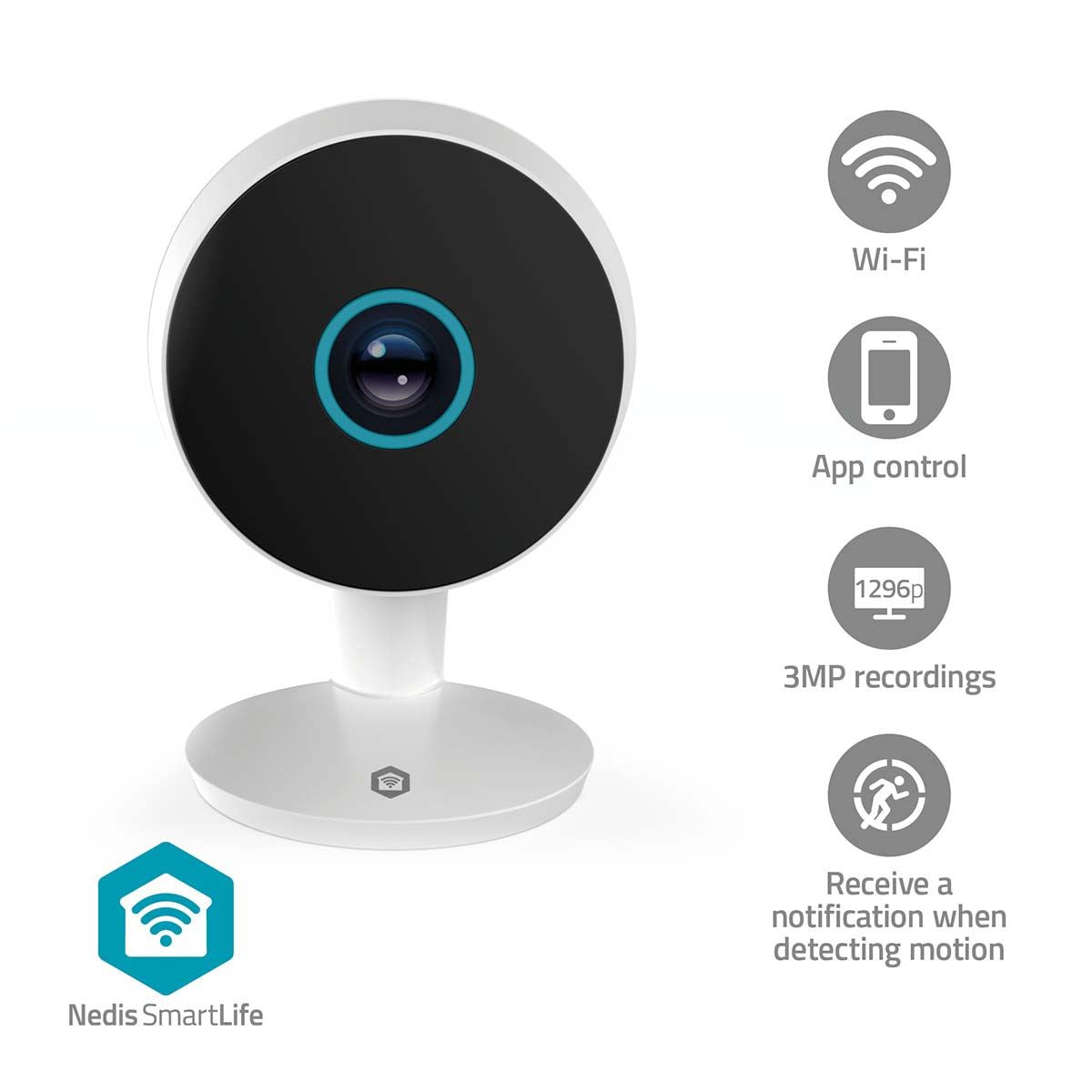 Nedis SmartLife Indoor Camera | Wi-Fi | 3MP Full HD 1296p | Cloud Storage (optional) / microSD (not included) / Onvif | With motion sensor | Night vision | White