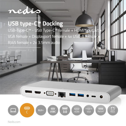 Nedis USB Docking Station | USB 3.2 Gen 1 | USB-C™ Male | DisplayPort Female / HDMI™ Output / RJ45 Female / VGA Female / 2x 3.5 mm Female / 2x USB-C™ / 4x USB-A | 0.20 m | Round | Nickel Plated | Braided / Nylon | White | Window Box with Euro Lock