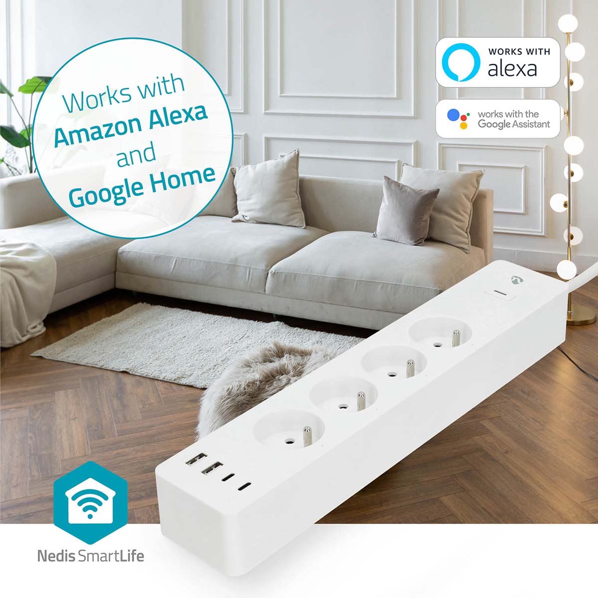 Nedis SmartLife Power Strip | Wi-Fi | 2x USB-A / 2x USB-C™ / 4x plug with earth contact (CEE 7/5) | 16 A | 3680 W | 2.00 m | 0 - 55 °C | Android™ / IOS | White