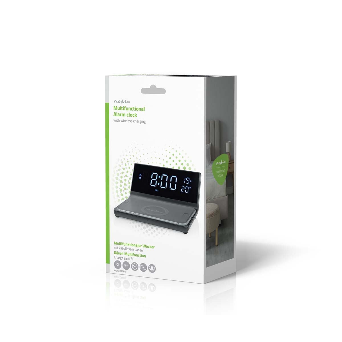 Nedis Alarm clock with wireless charging | Qi certified | 5 / 7.5 / 10 / 15 W | USB-A Male | 2 Alarm Times | Snooze function