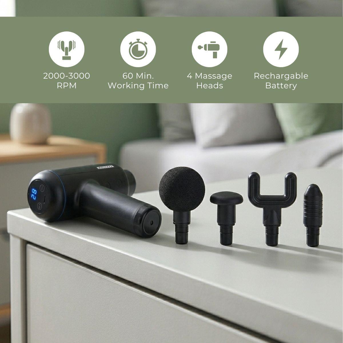 MELISSA Massage Gun | LED | Battery Powered | Rechargeable | 4 Massage Modes | 4 Interchangeable Attachments | Black
