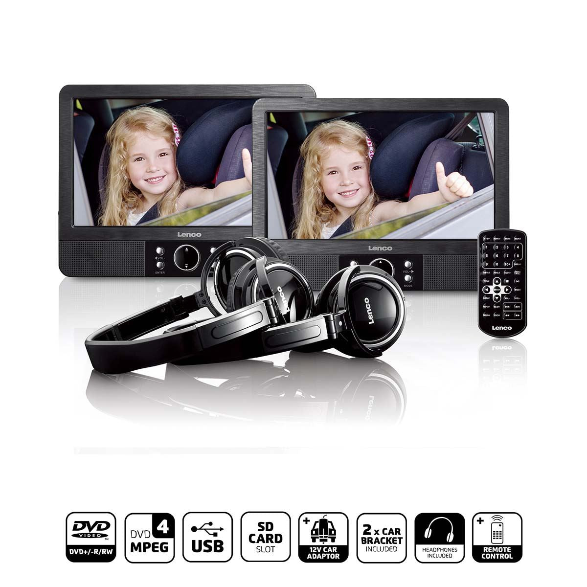 Lenco MES-415 | 9 inch DVD dual screen with brackets and headphone Black