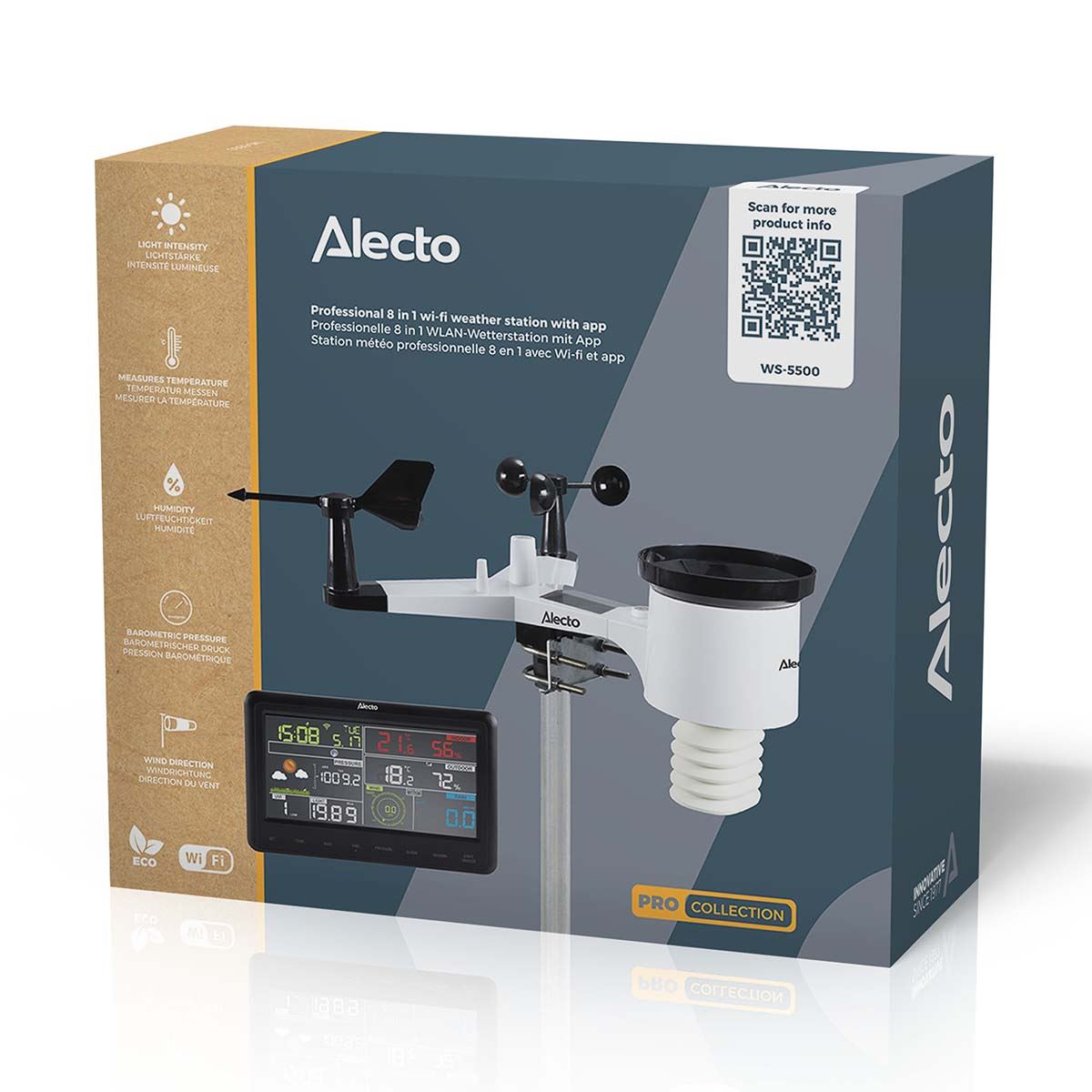 Alecto WS-5500 | 8-in-1 Wi-Fi Smart Weather Station | Indoor and Outdoor Temperature, Forecast, Wind, Pressure, Humidity, Rain & More | Outside Wireless sensor | Application | Grey