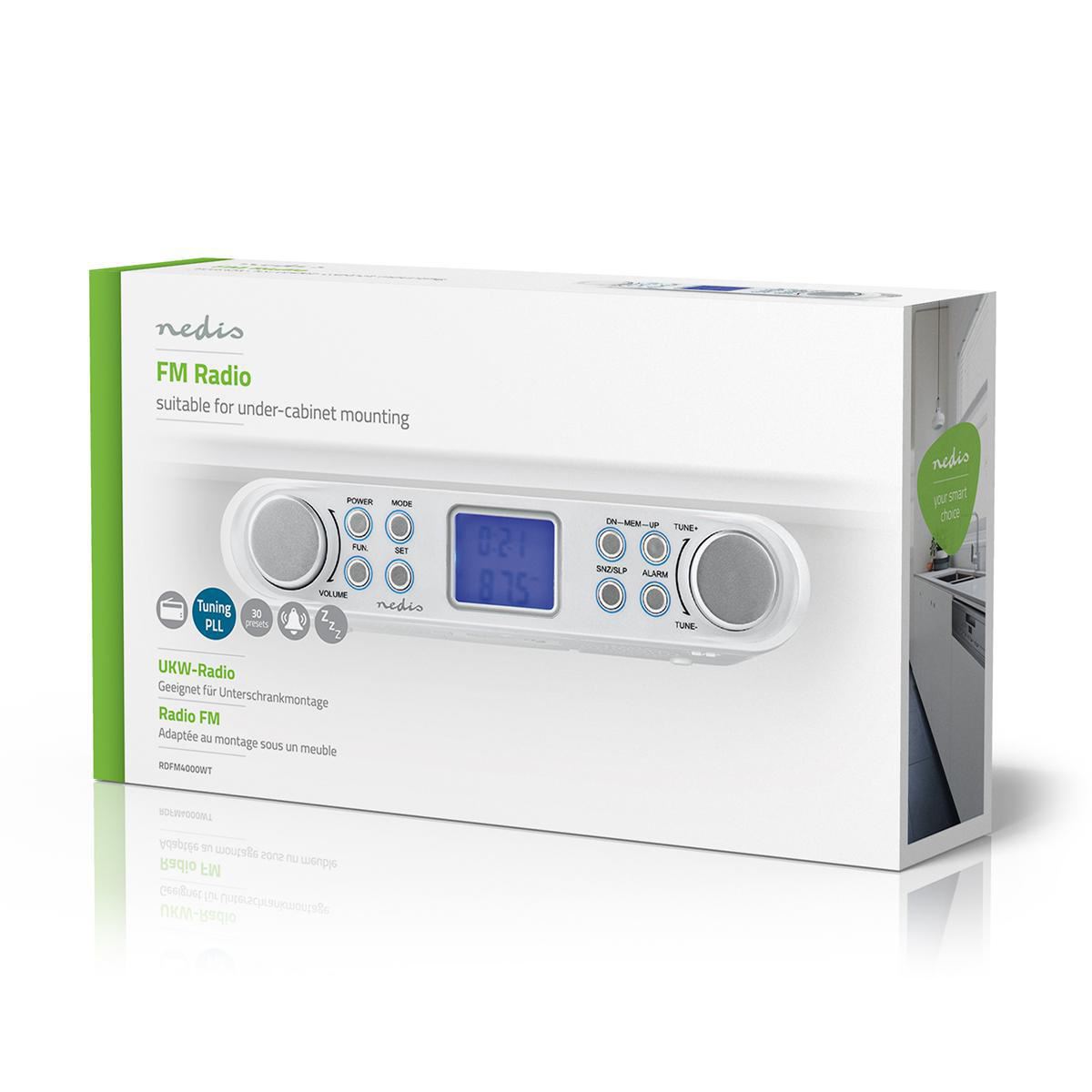 Nedis Kitchen Radio | Cabinet Design | FM | Mains Powered | Digital | 1.5 W | 2 " | Black Blue Screen | Alarm clock | Silver / White