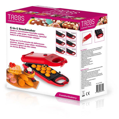 Trebs 6-in-1 Snack Maker | Waffles, Doughnuts, Cake pops, Madeleine biscuits, Waffle Bowls, Mini cakes | 700W | Red