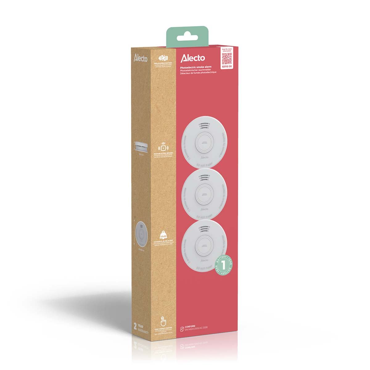 Alecto SD110 Smoke detector with Hush Button | >85 dB | Battery Powered | EN14604:2005/AC:2008 | White |3 Pack