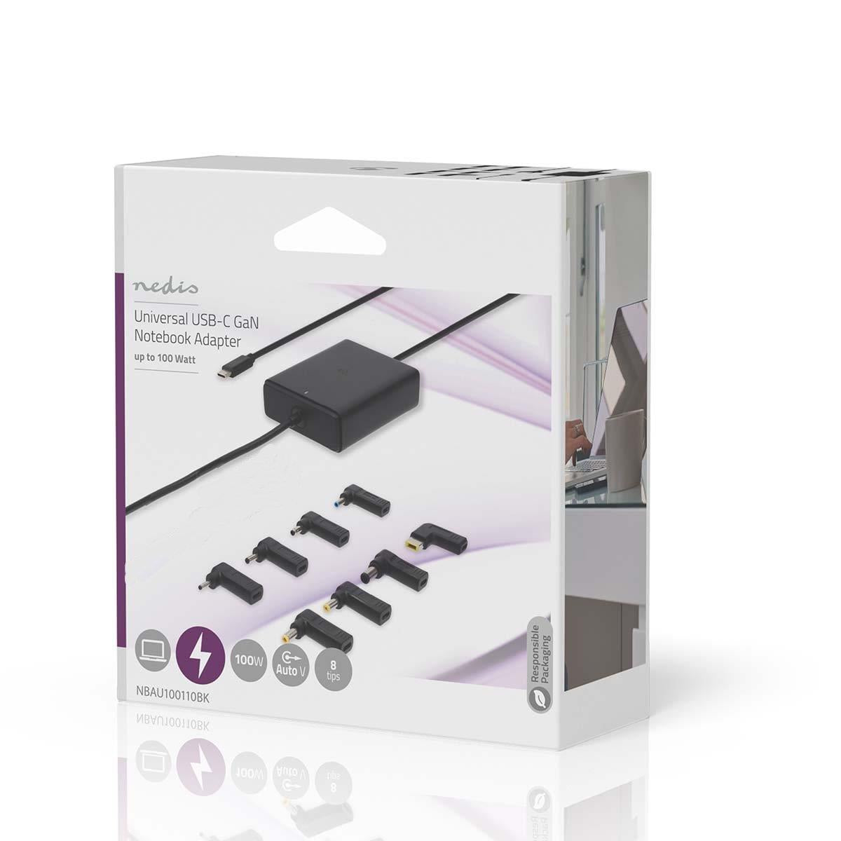 Nedis Notebook Adapter | GaN | 100 W | 5 / 9 / 12 / 15 / 20 V DC | 3.0 / 5.0 A | Used for: Notebook / Smartphone / Tablet | Euro / Type-C (CEE 7/16)