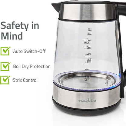 Nedis Electric Kettle | 1.7 l | Glass | Transparent | 60,70,80,90,100 °C | Temperature indicator | Rotatable 360 degrees | Concealed heating element | Strix® controller | Boil-dry protection