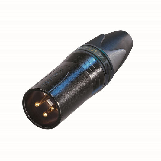 Neutrik 3 pole male cable connector with black metal housing and gold contacts