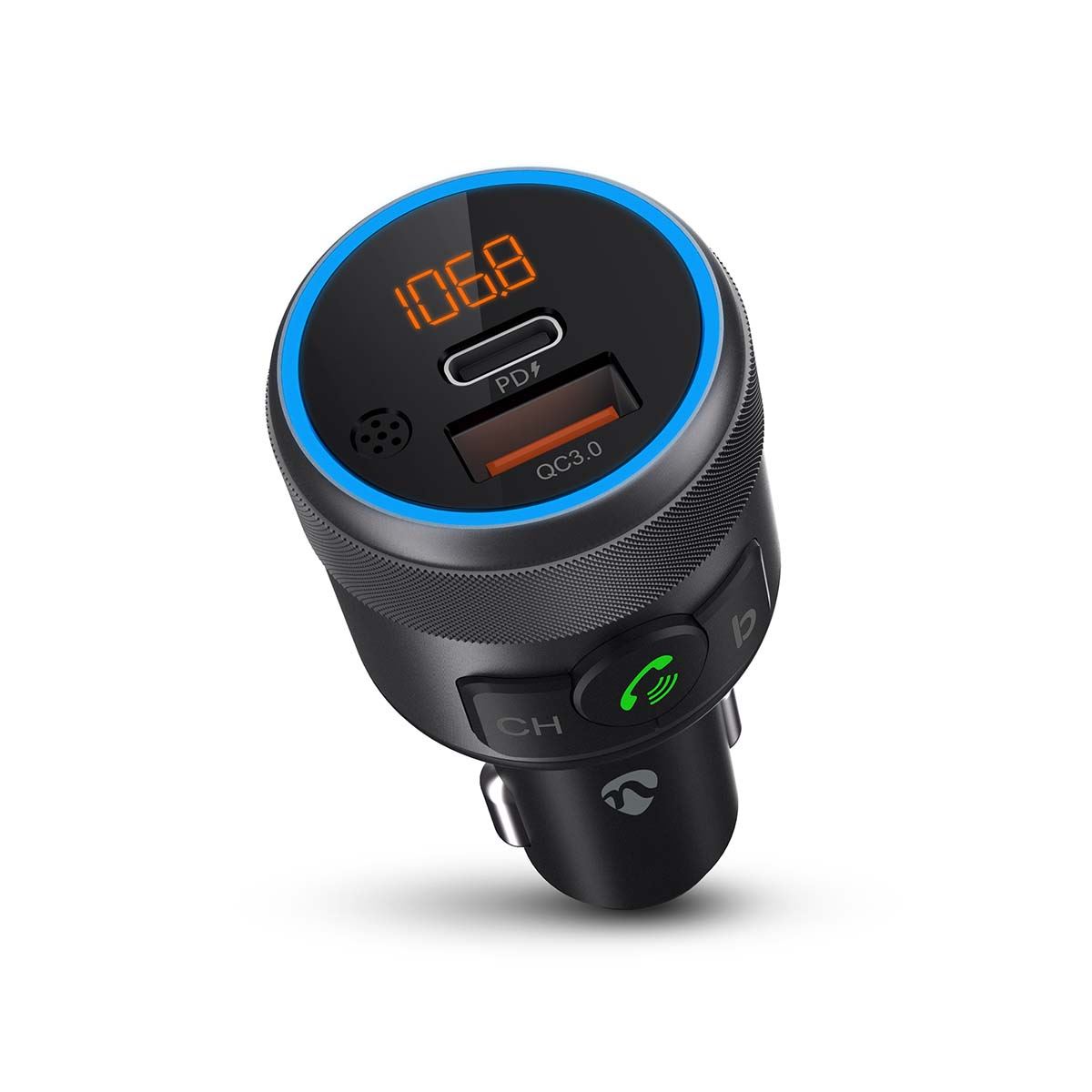 Nedis Car FM Transmitter | Fixed | Hands free calling | 1 " | Amber Screen | Bluetooth® | PD 18 W / PD 24 W | Fast charging | Bass boost | Google Assistant / Siri | Black