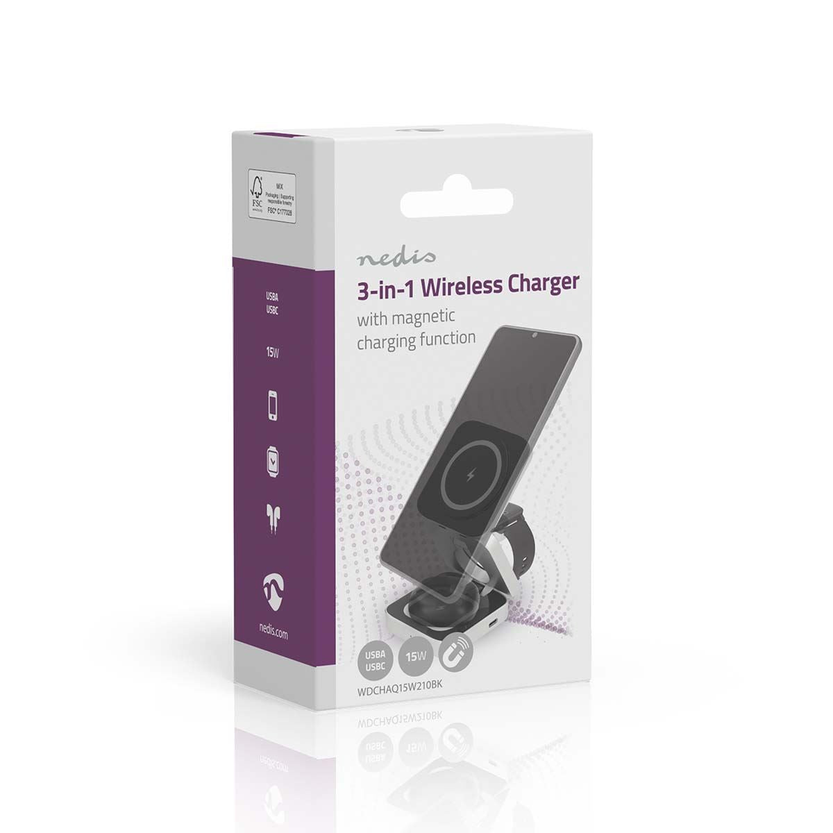 Nedis WDCHAQ15W210BK | Wireless Charger | 3-in-1 | 2.5 / 5 / 15 W | LED-indicator in use | Including cable | USB-A / USB-C™ | 1.50 m
