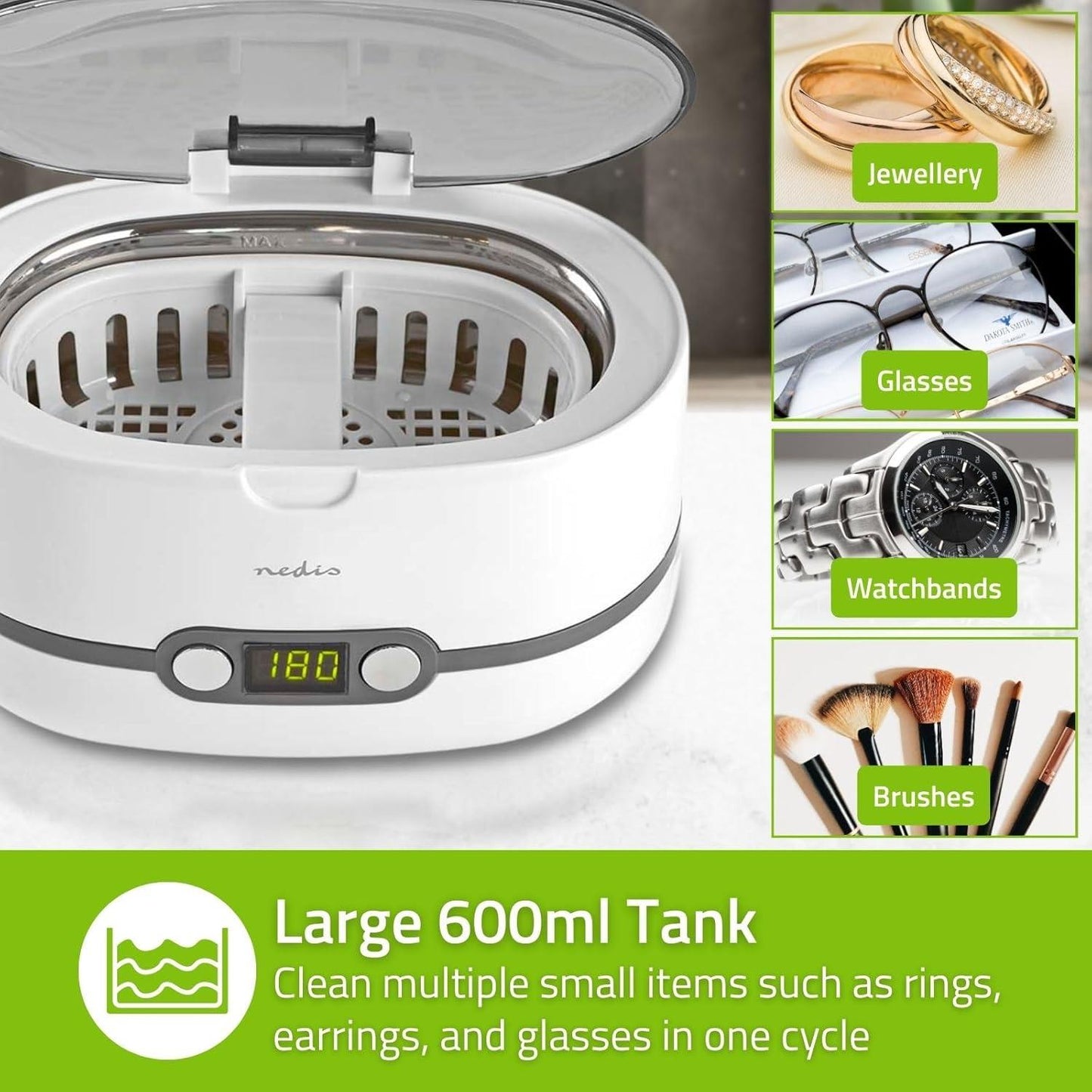 Nedis Ultrasonic Jewellery Cleaner | Mains Powered | 230 V AC 50 Hz | Euro / Type-C (CEE 7/16) | White | Plastic