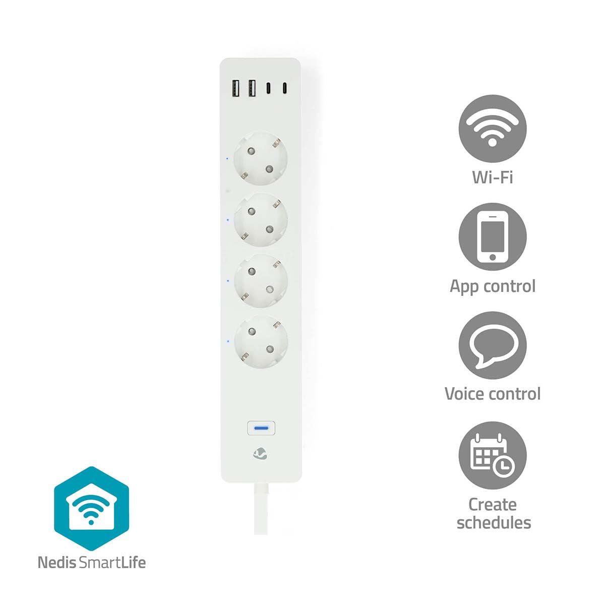 Nedis SmartLife Power Strip | Wi-Fi | 2x USB-A / 2x USB-C™ / 4x plug with earth contact (CEE 7/3) | 16 A | 3680 W | 2.00 m | 0 - 55 °C | Android™ / IOS | White