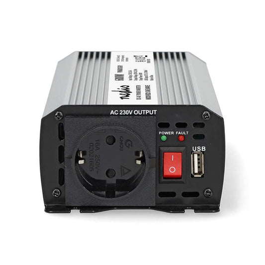 Nedis Power Inverter Modified Sine Wave | Input voltage: 12 V DC | Device power output connection(s): Type F (CEE 7/3) / USB-A | 230 V AC 50 Hz | 600 W | Peak power output: 1200 W | Battery Clamps + Cigarette Lighter | Silver