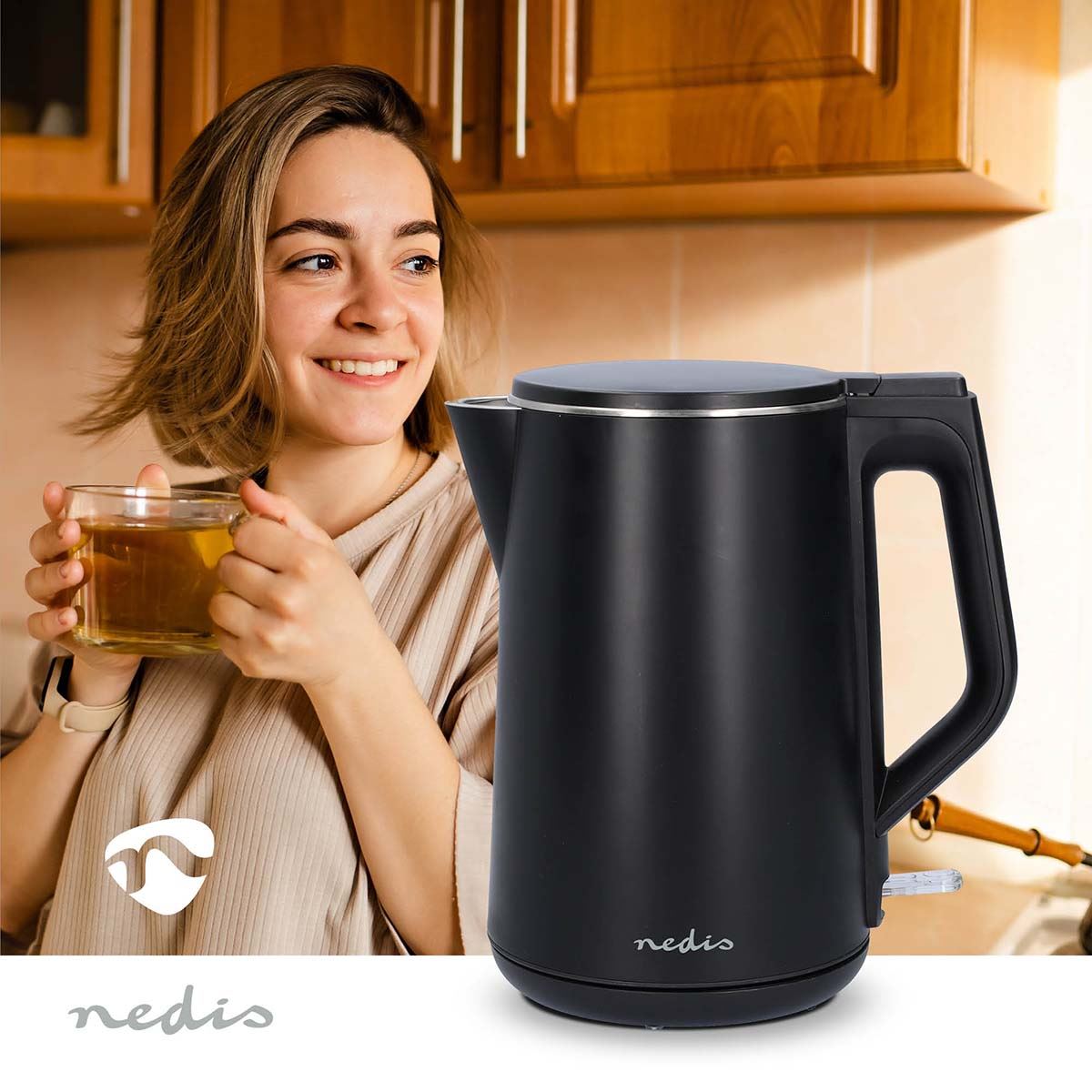 Nedis Electric Kettle | 1.5 l | Plastic | Black | Rotatable 360 degrees | Concealed heating element | Strix® controller | Boil-dry protection