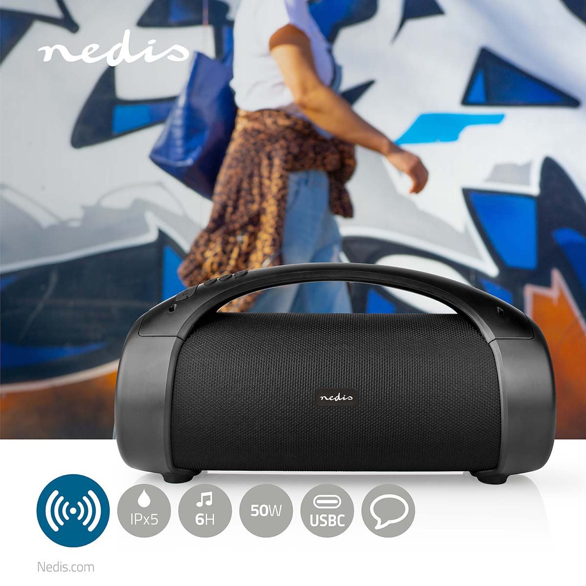 Nedis Bluetooth® Party Boombox | 6 hrs | 2.0 | 50 W | Media playback: AUX / USB | IPX5 | Linkable | Carrying handle | Party lights | Black