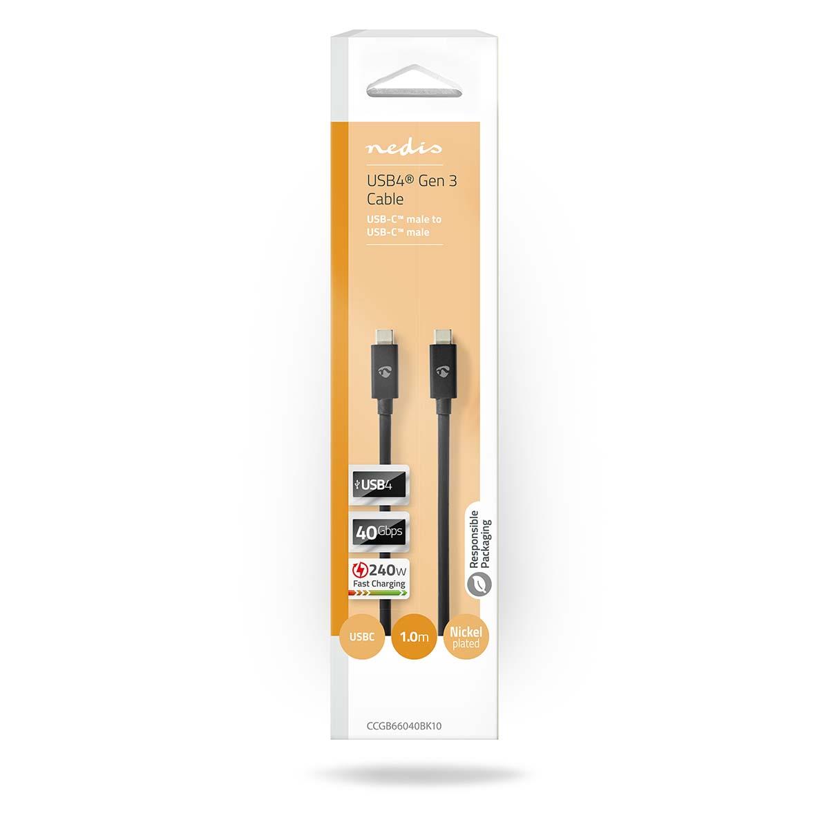 Nedis USB Cable | USB 4.0 Gen 3x2 | USB-C™ Male | USB-C™ Male | 240 W | 8K@60Hz | 40 Gbps | Nickel Plated | 1.00 m | Round | PVC | Black | Box | 87.946.484