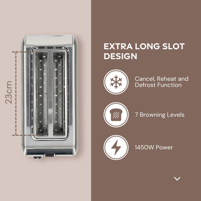 Nedis Toaster | 4 Bread Slices | 2 Long Slots | Browning levels: 7 | Defrost feature | Aluminium / Silver