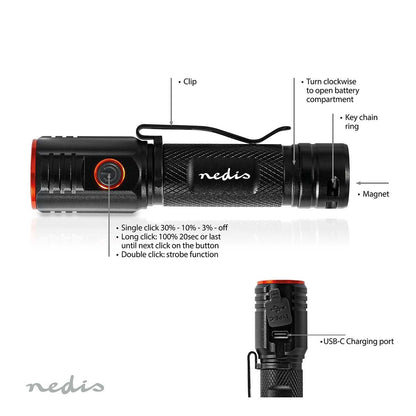 Nedis LED Torch | Battery Powered | 3.7 V DC | 20 W | N/A | Batteries included | Rechargeable | Rated luminous flux: 2000 lm | Light range: 180 m | Beam angle: 10 °