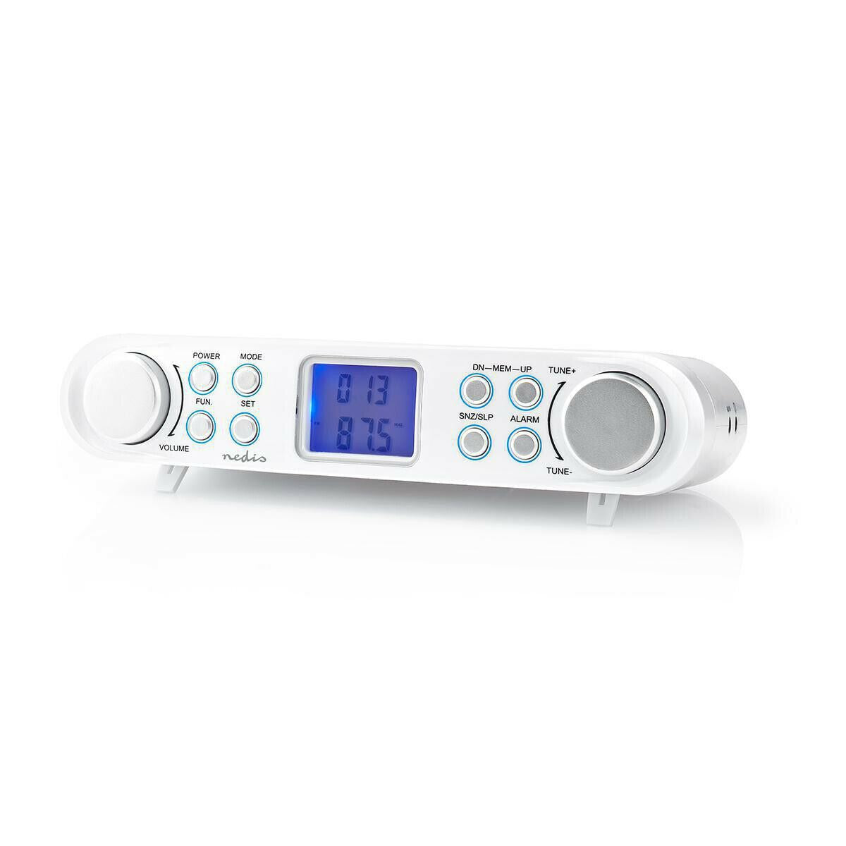 Nedis Kitchen Radio | Cabinet Design | FM | Mains Powered | Digital | 1.5 W | 2 " | Black Blue Screen | Alarm clock | Silver / White
