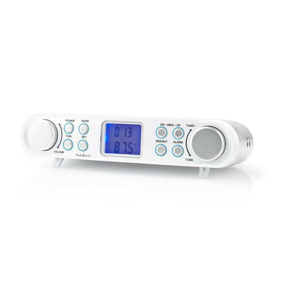 Nedis Kitchen Radio | Cabinet Design | FM | Mains Powered | Digital | 1.5 W | 2 " | Black Blue Screen | Alarm clock | Silver / White