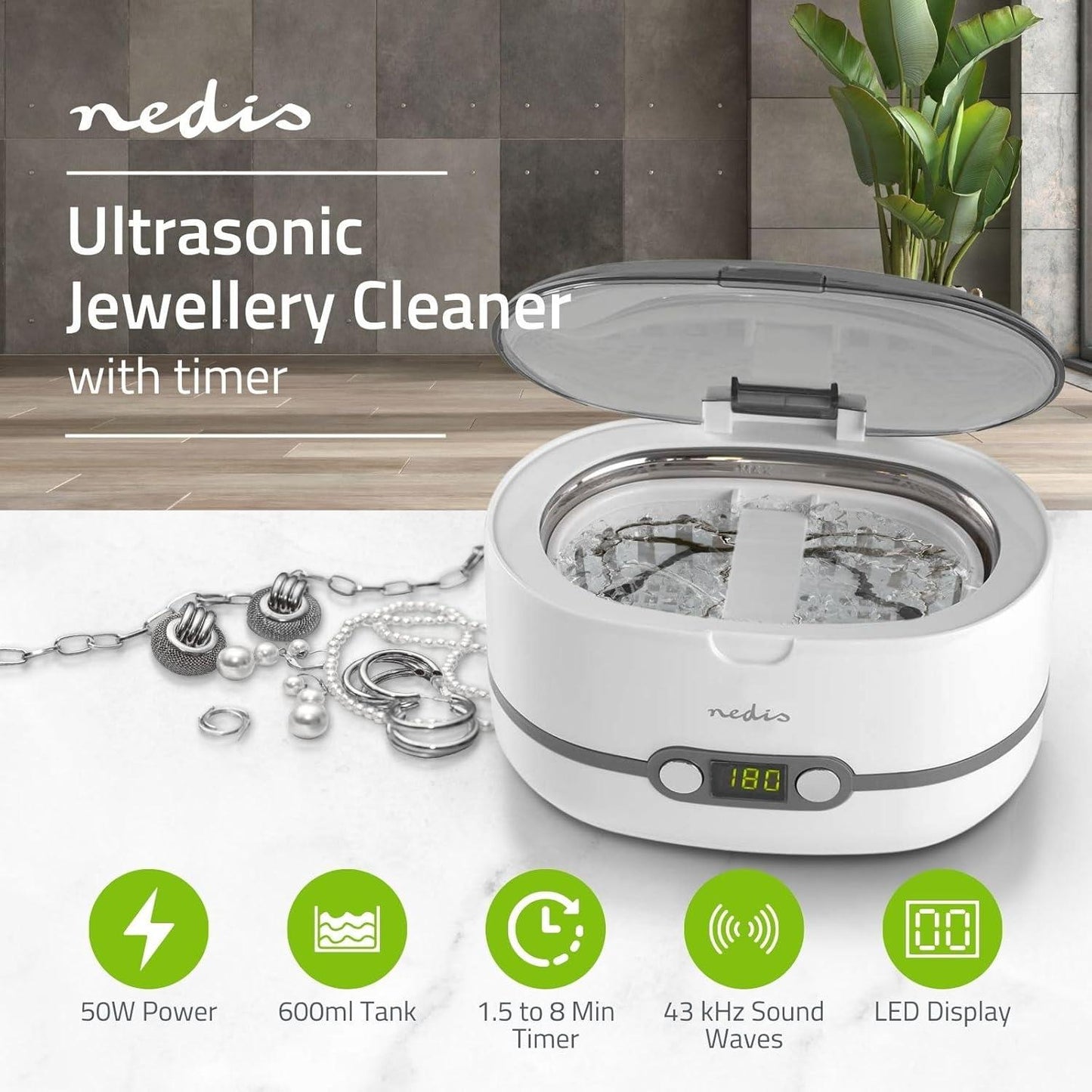Nedis Ultrasonic Jewellery Cleaner | Mains Powered | 230 V AC 50 Hz | Euro / Type-C (CEE 7/16) | White | Plastic