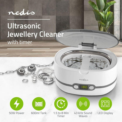 Nedis Ultrasonic Jewellery Cleaner | Mains Powered | 230 V AC 50 Hz | Euro / Type-C (CEE 7/16) | White | Plastic