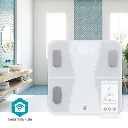 Nedis SmartLife Personal Scale | Bluetooth® | BMI / BMR / Bones / Fat / Muscles / Water / Weight | 12 | Peak load: 180 kg | Android™ / IOS | ABS / Glass | White