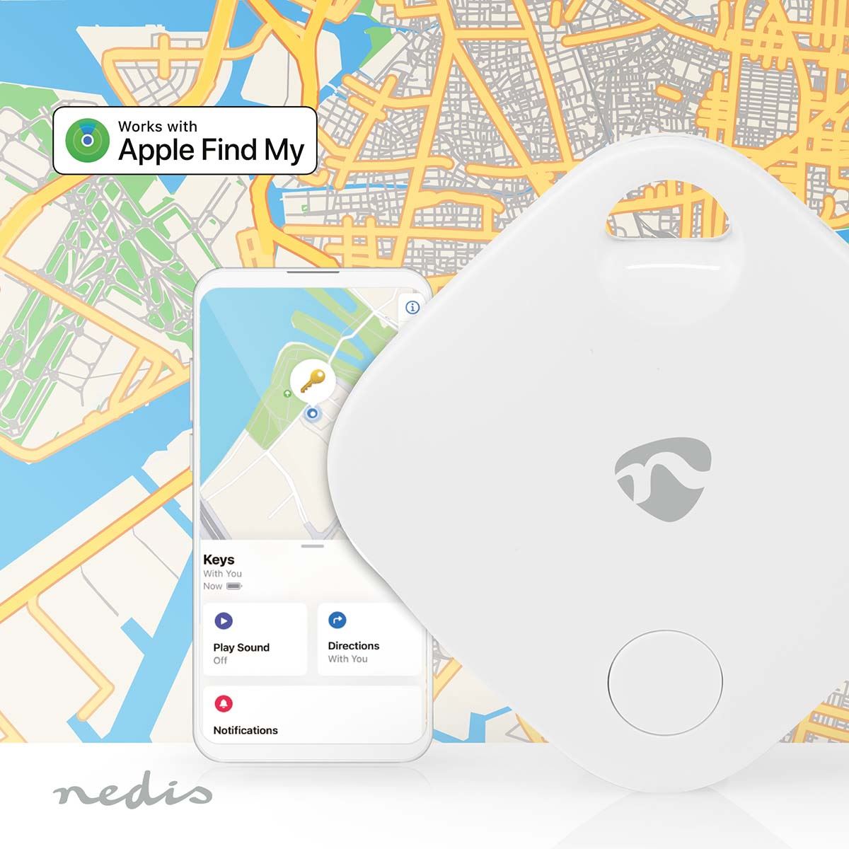 Nedis Key Finder | Compatible with: Apple Find My App | Battery Powered | 1x CR2032 | Batteries included | Bluetooth® version: 5.1 | Battery life up to: 1 year | White | 1 pcs